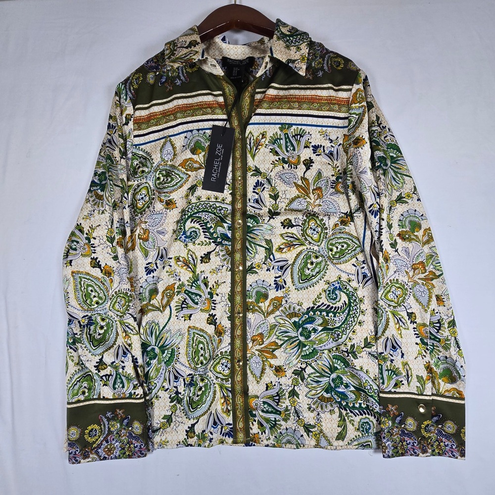 Rachel Zoe Womens Paisley Floral Button Down Blouse Olive Green Gold Size Medium